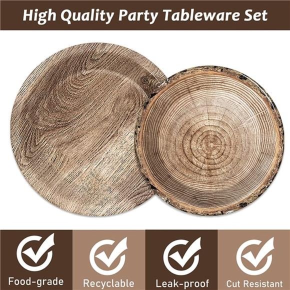 96Pcs Rustic Wooden Tree Party Supplies TablewareSet Lumberjack Party Decoration - Picture 2 of 6